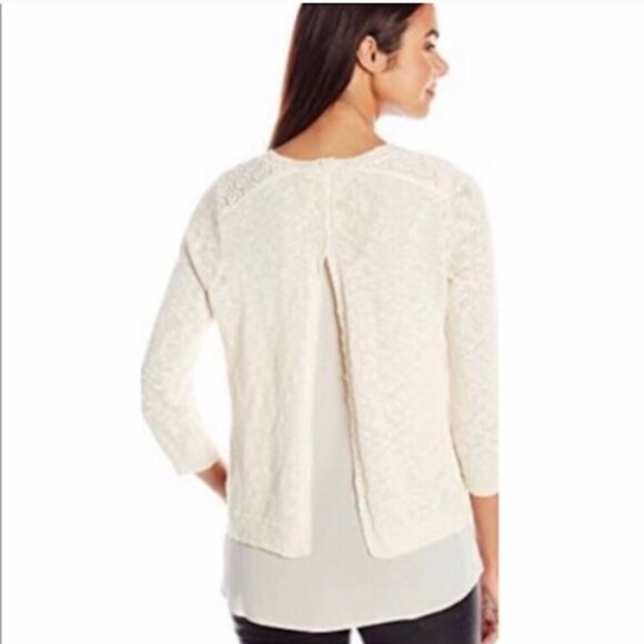 NWT LUCKY BRAND Cream Lace Chiffon Linen Mixed Media Sweater 1X - Picture 3 of 9